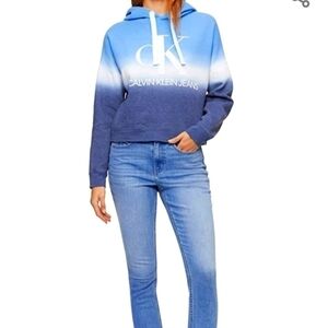 Calvin Klein Jeans Cropped Ombre Dropped Shoulder Navy Blue Hoodie White CK logo